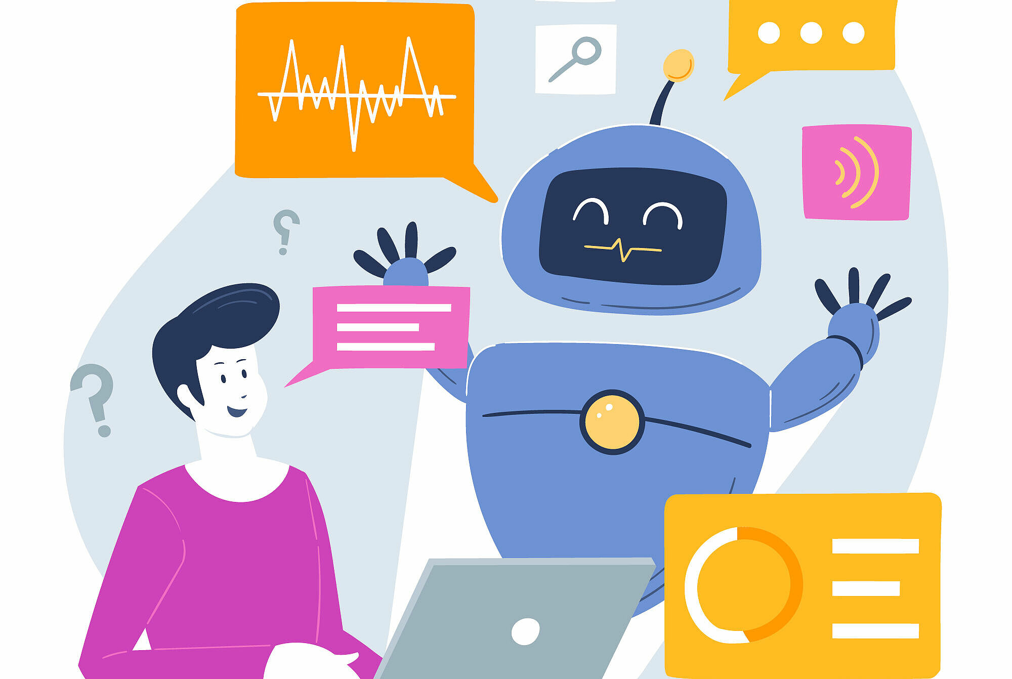 Grafik mit Roboter und Mensch am Laptop