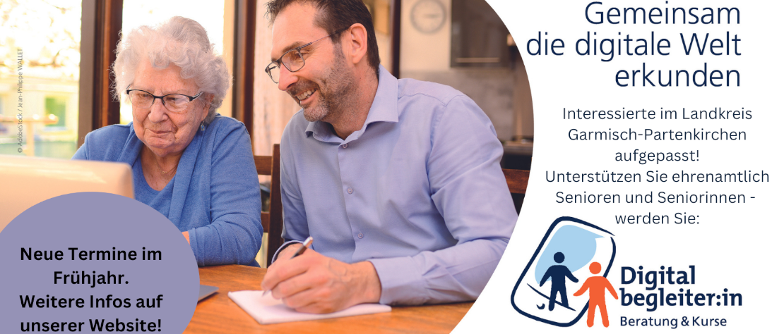 Werbeflyer für den Digitalbegleiter, ein Mann sitz mit einer Seniorin am Laptop